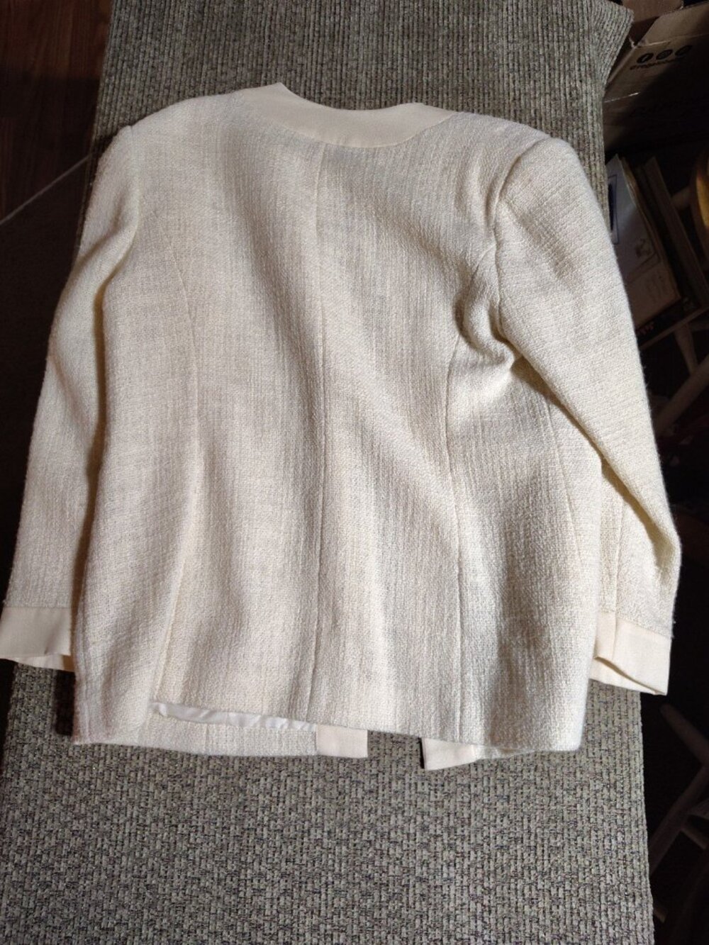 Doncaster Tweed Blazer Jacket Womens Size 14 Cream/W CreamFringe Trim Open Front - Picture 5 of 8